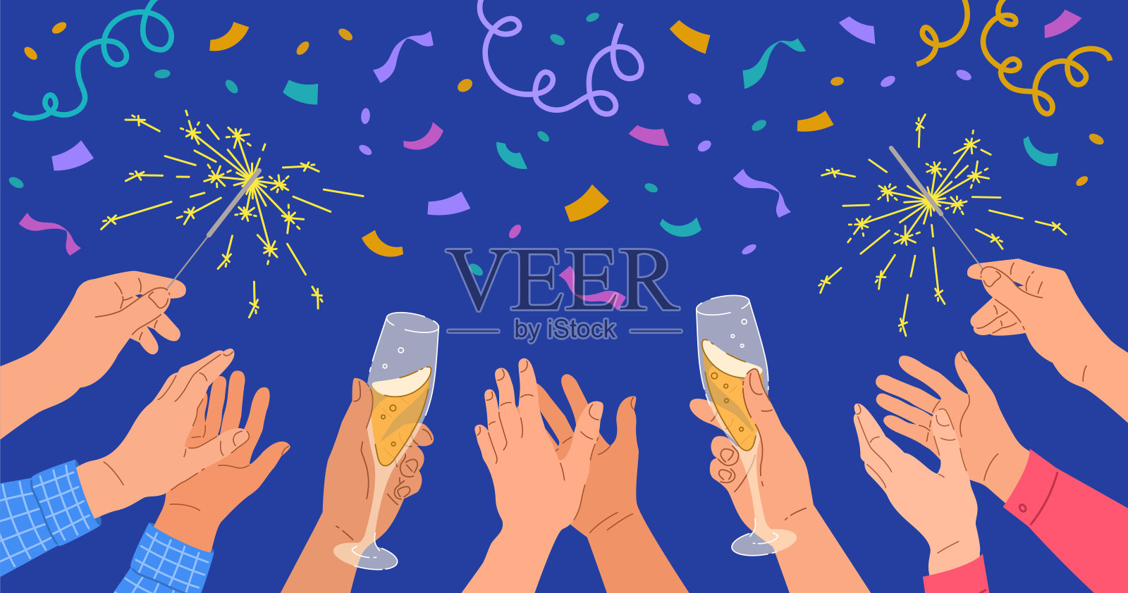 手拿香槟酒杯，烟花庆祝派对插画图片素材