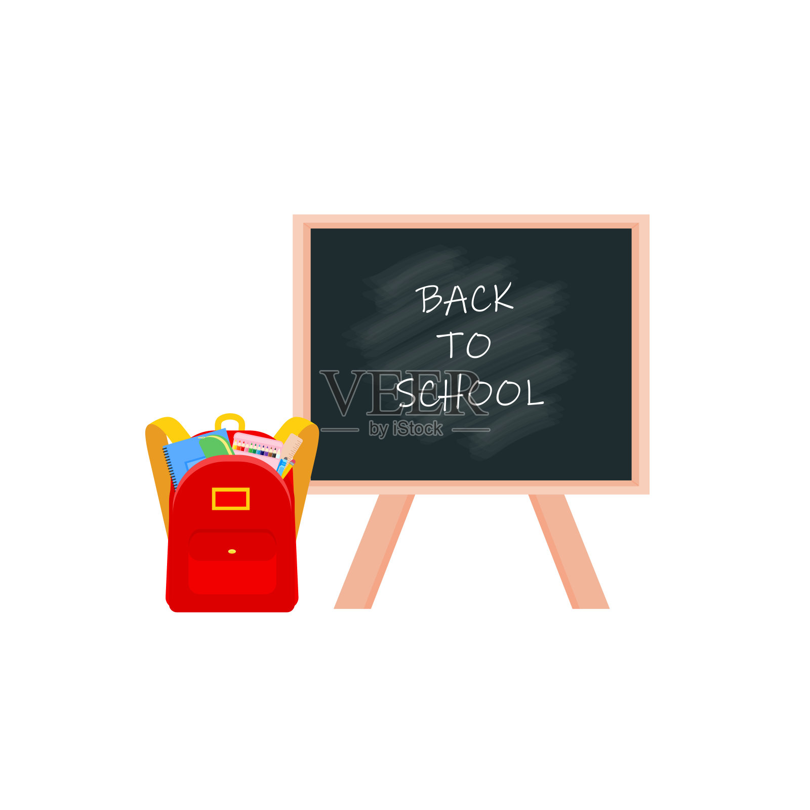 教室里的黑板文具、铅笔盒、铅笔盒、钢笔、成堆的书、写真文学、笔记本、笔记本教科书、书包、画板和毛笔。矢量插图。插画图片素材