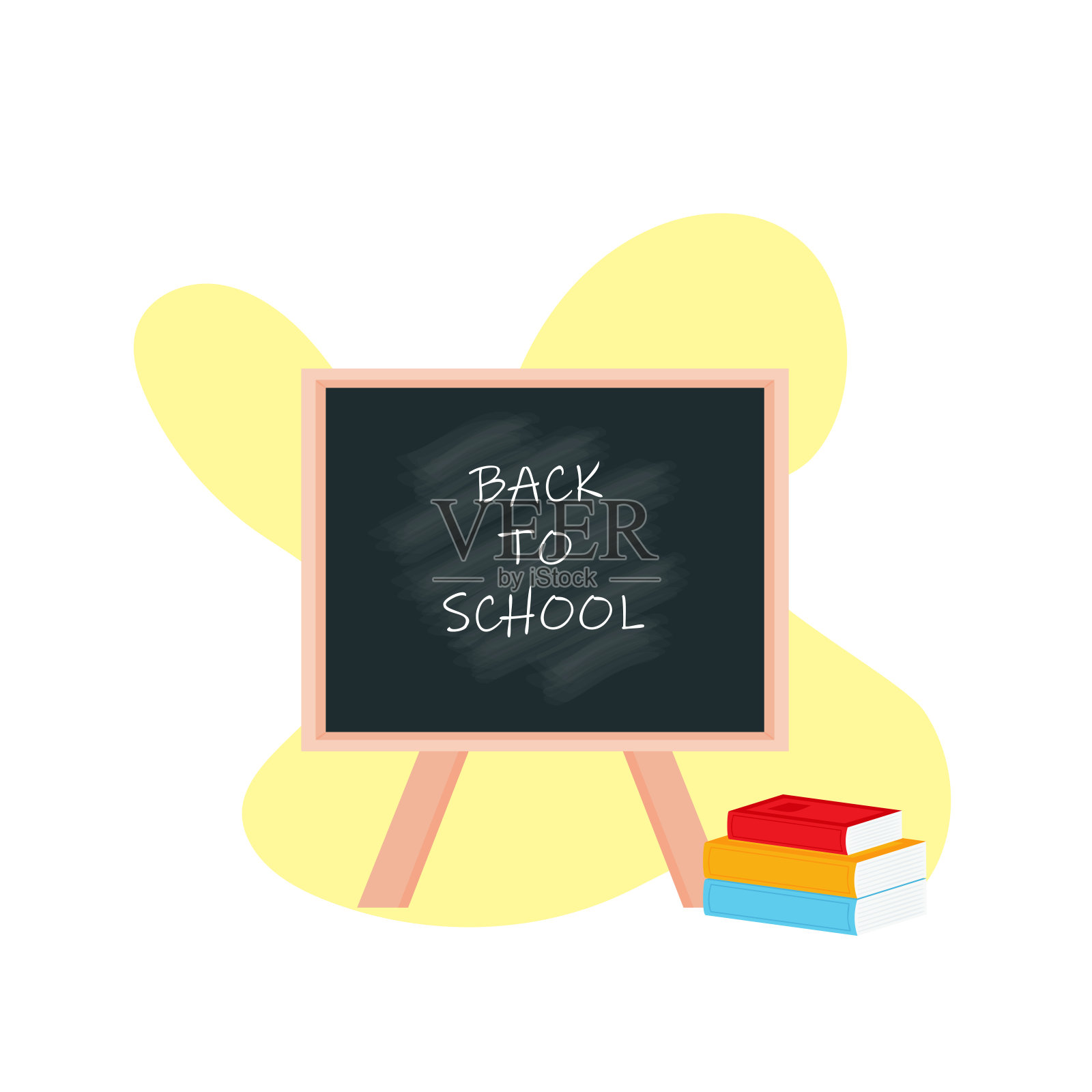 教室里的黑板文具、铅笔盒、铅笔盒、钢笔、成堆的书、写真文学、笔记本、笔记本教科书、书包、画板和毛笔。矢量插图。插画图片素材