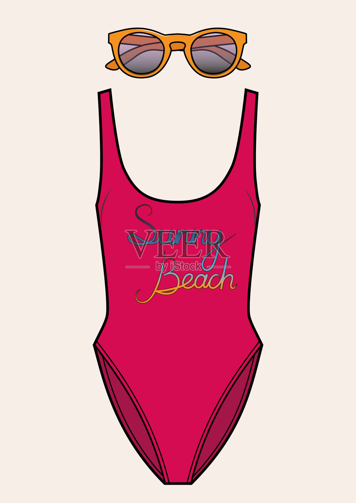 戴着太阳镜，穿着高腰泳衣。暑假用品。设计元素图片