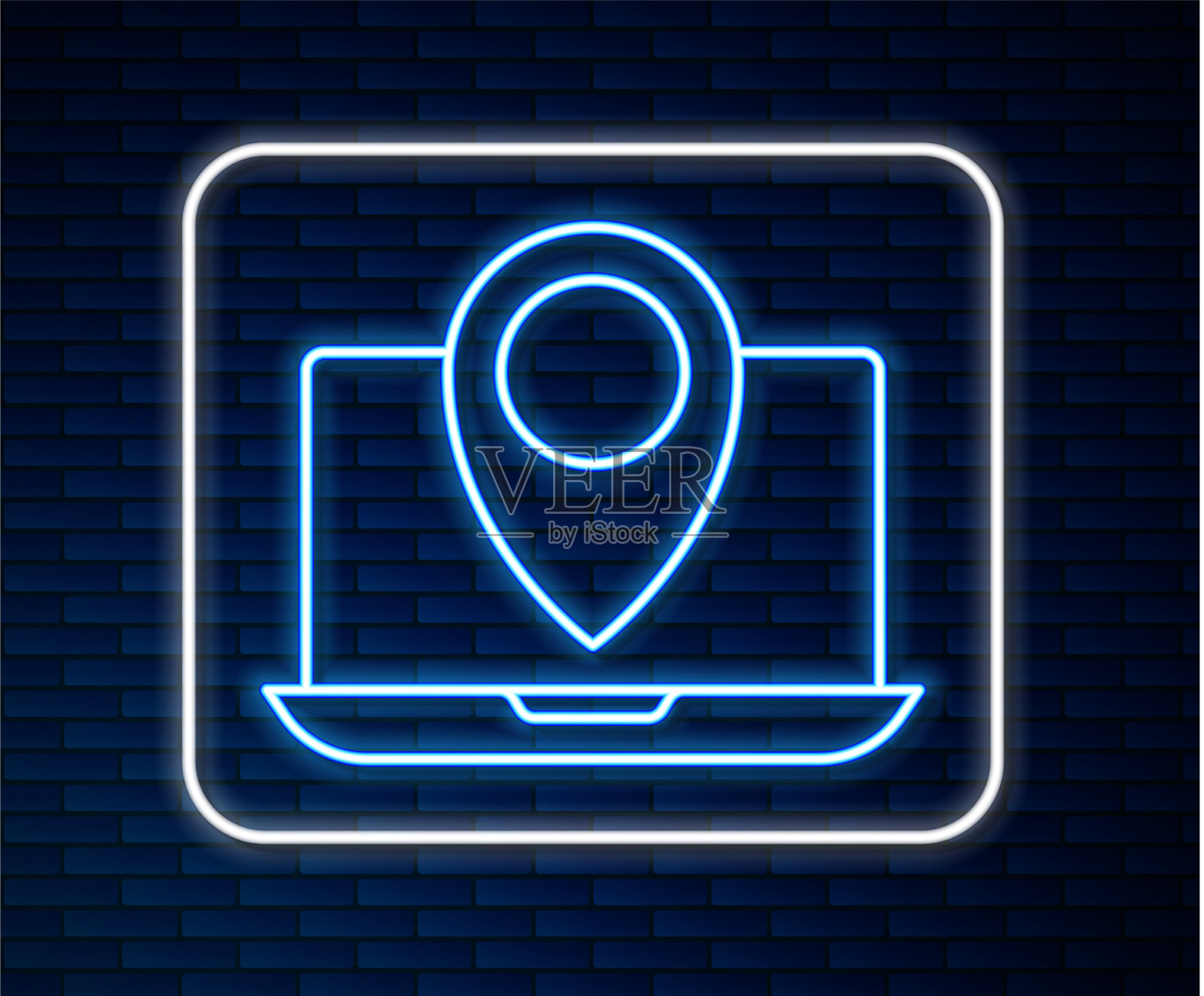 发光的霓虹灯线笔记本电脑与位置标记图标插画图片素材