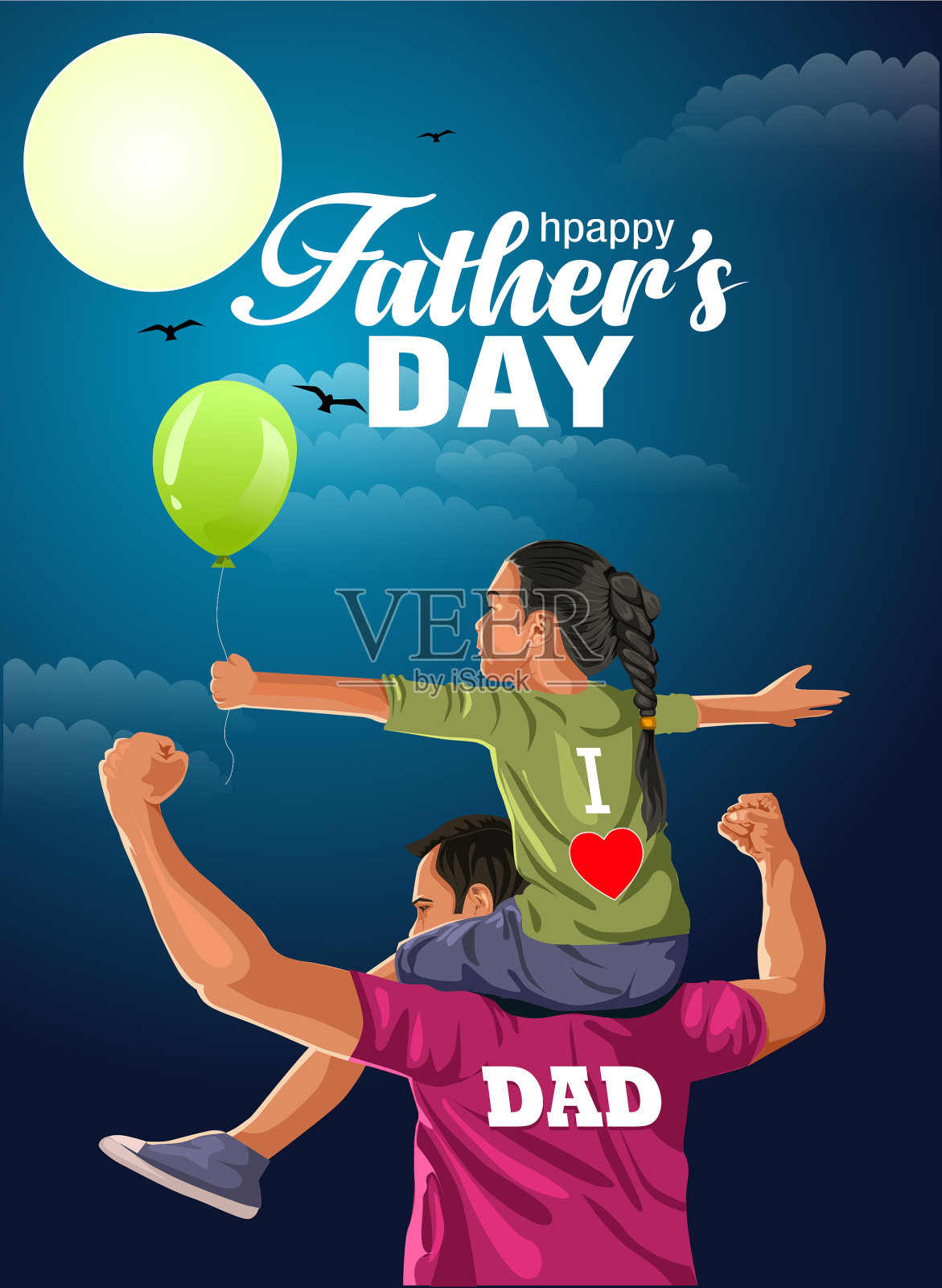 在夜空中，女儿骑在父亲的肩上插画图片素材