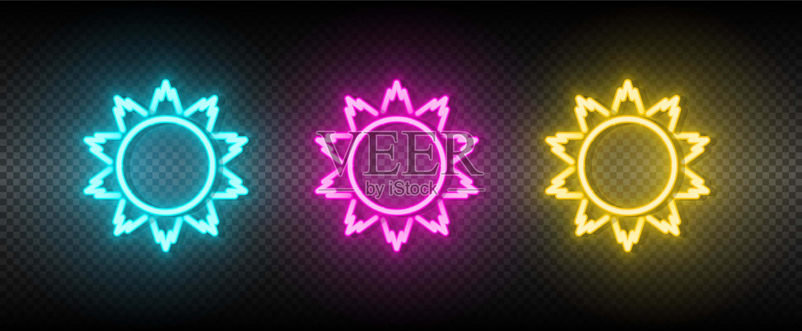太阳、蓝色、粉红色和黄色霓虹灯图标集图标素材