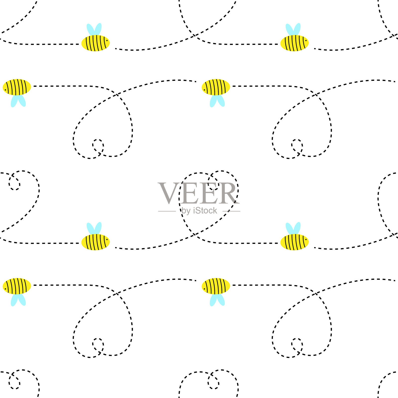 蜜蜂和心从虚线上的白色插画图片素材