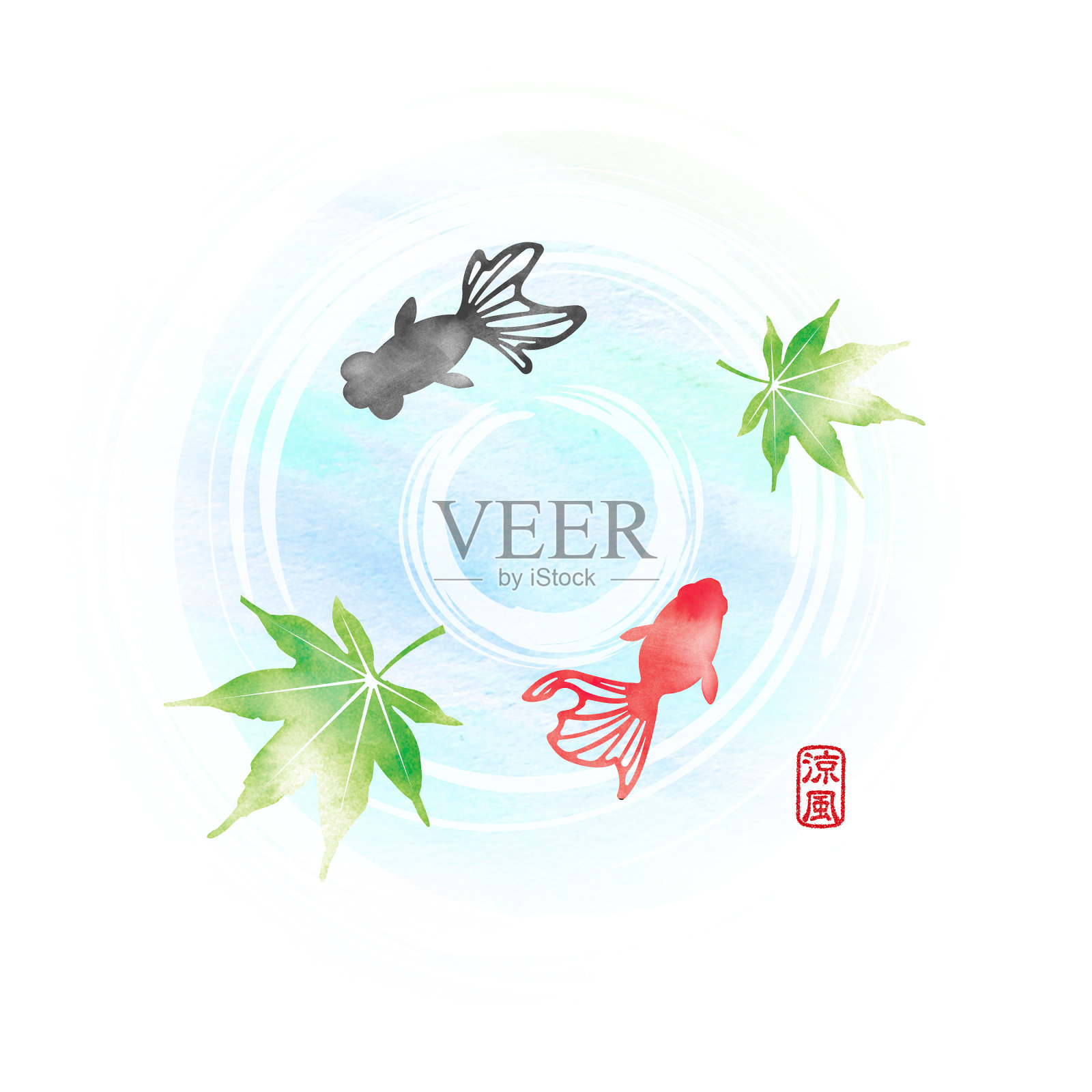 夏季主题水彩画插画，用于夏季贺卡等|池塘，金鱼插画图片素材