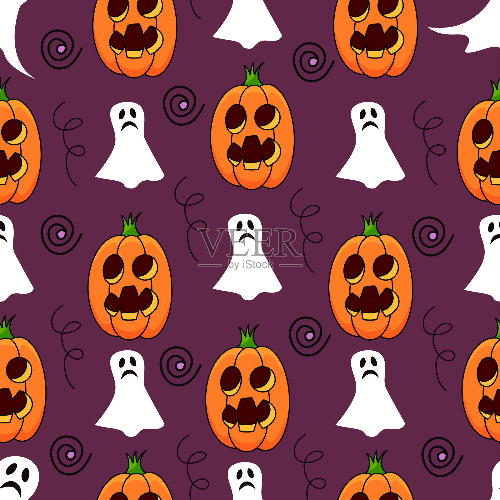 万圣节南瓜无缝图案紫罗兰背景。可爱的万圣节南瓜图案与网。万圣节主题设计矢量插图插画图片素材
