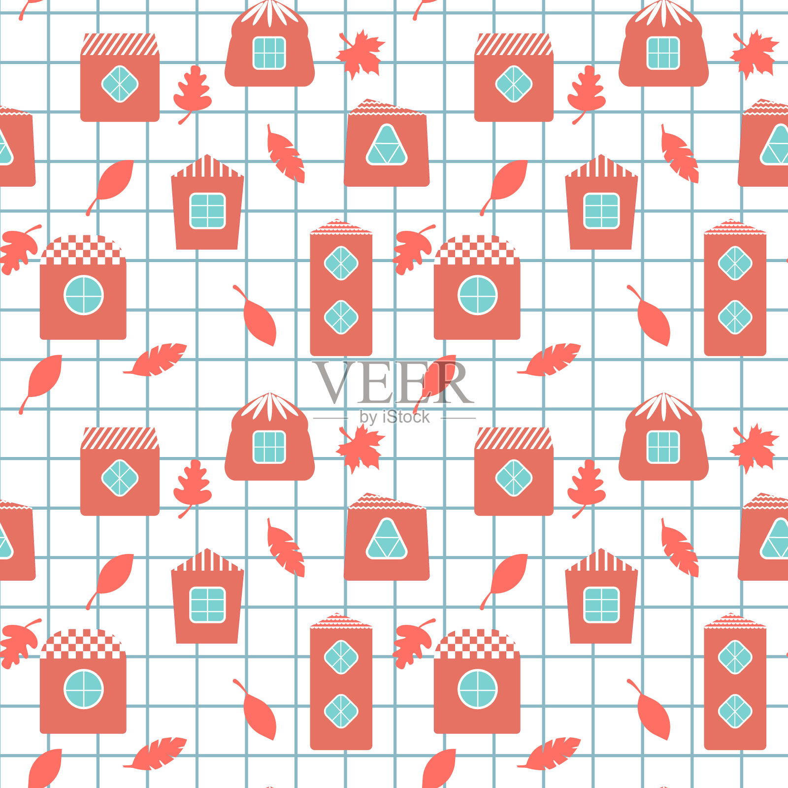 可爱的房子与花哨的窗户图案矢量插图。插画图片素材