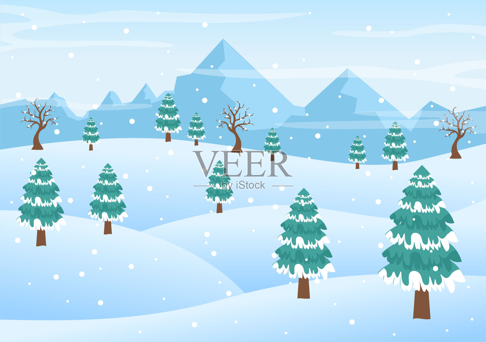 圣诞节冬季景观和新年背景矢量插图与飘落的白色雪，树，山在平面风格设计插画图片素材