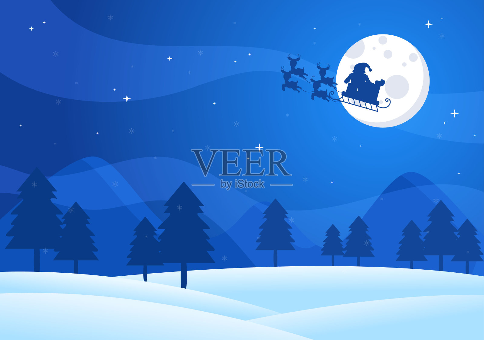 圣诞节冬季景观和新年背景矢量插图与飘落的白色雪，树，山在平面风格设计插画图片素材