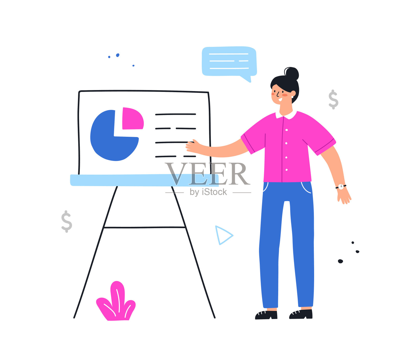 女商人指着展示屏幕。在研讨会上展示商业计划。矢量手绘插图在平面风格。插画图片素材