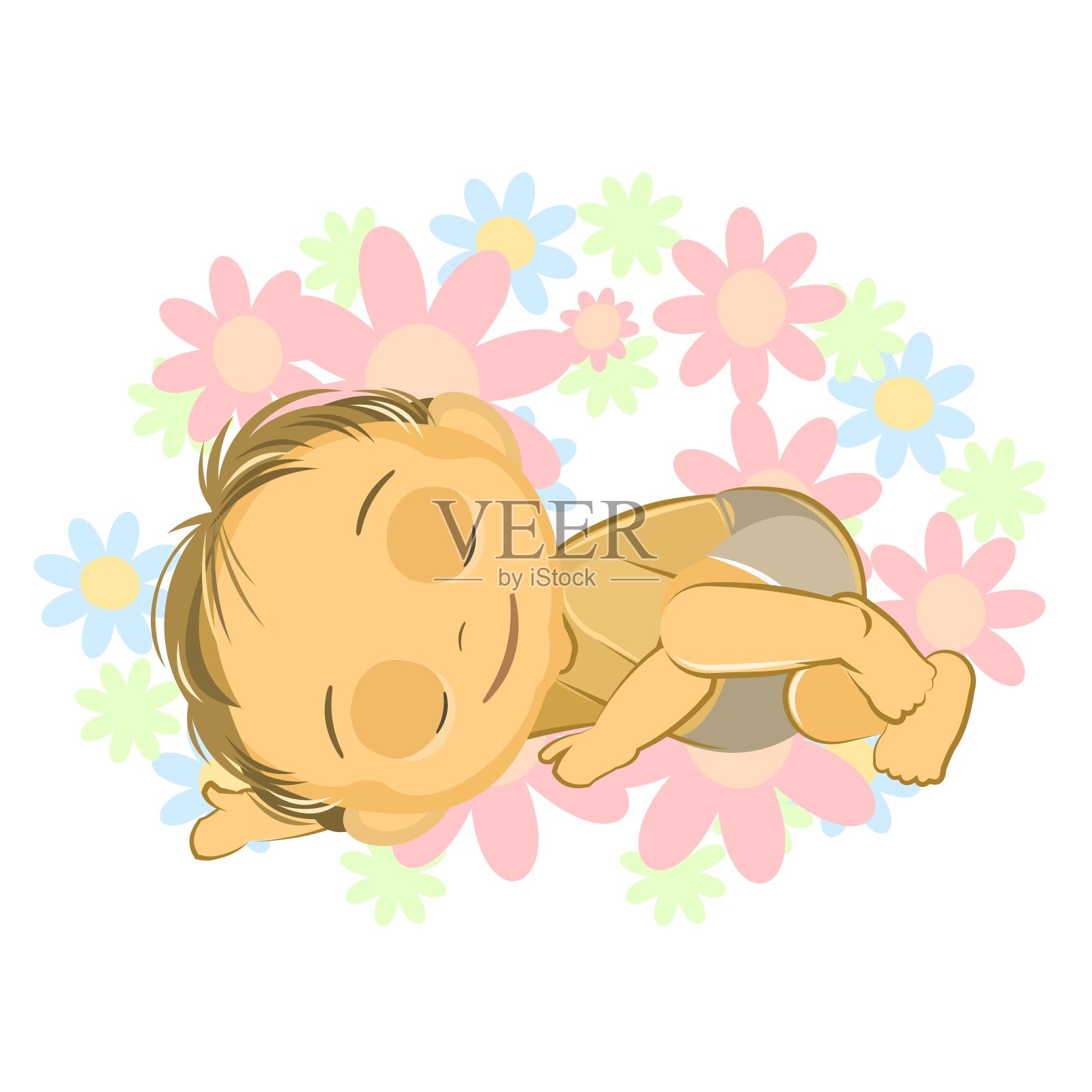 小宝贝睡觉。男孩。睡着了。白色背景上的孤立物体。欢快有趣。漫画平面风格。幼儿园的年龄。童年的向量。设计元素图片