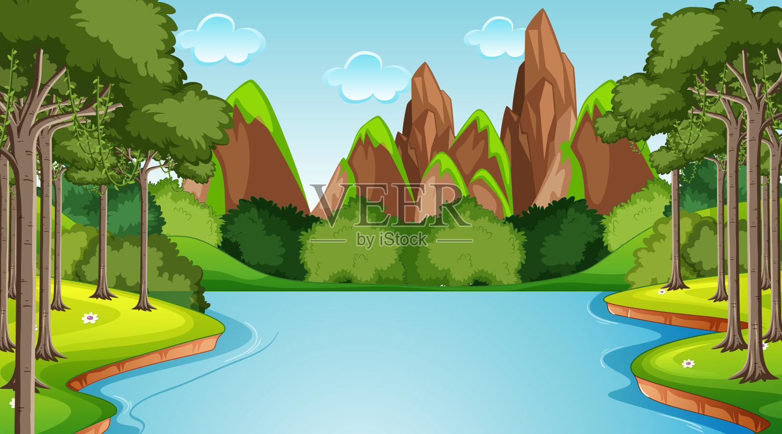 溪流流过森林的场景，以山为背景插画图片素材