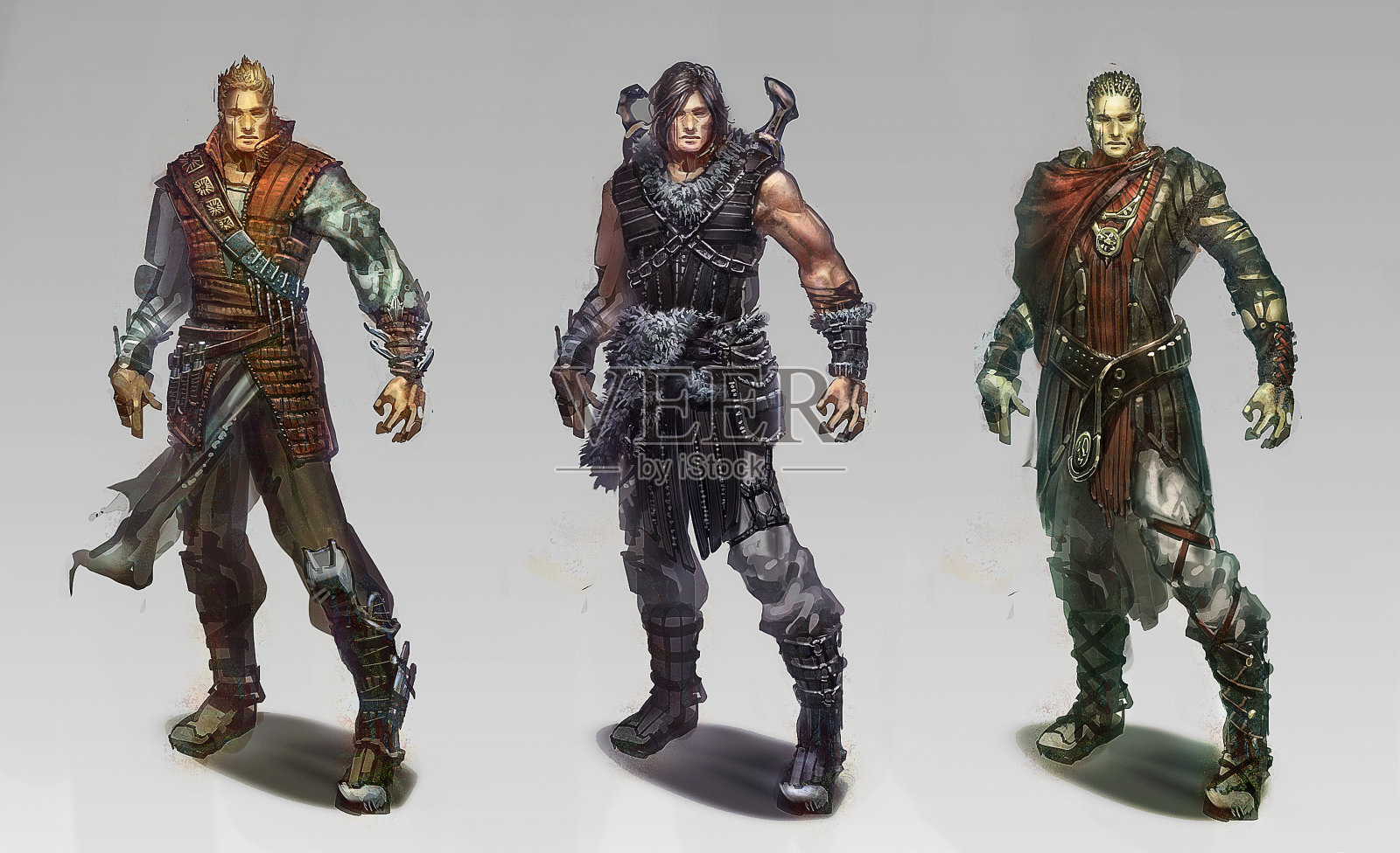 数字插图的幻想男性男性角色概念设计穿着不同的中世纪商人猎人皇家服装设计元素图片