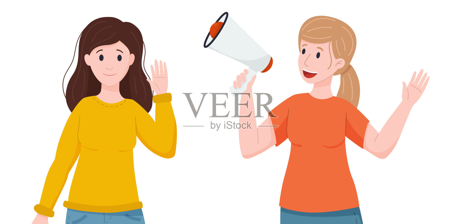 用户原创内容的概念。这个女人对着扩音器说话。内容创作、评论。社会倾听。插画图片素材