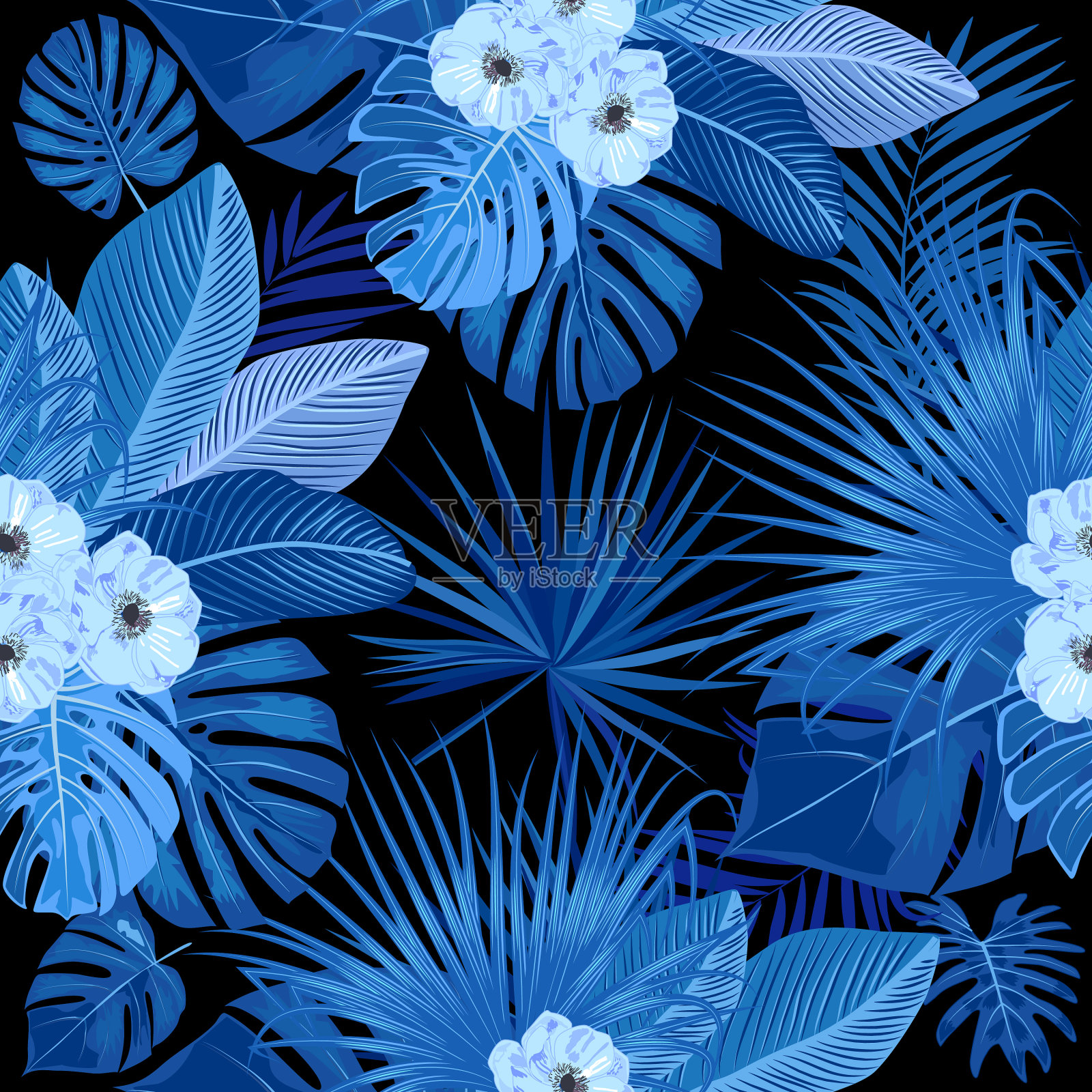 热带丛林棕榈叶无缝图案蓝色插画图片素材
