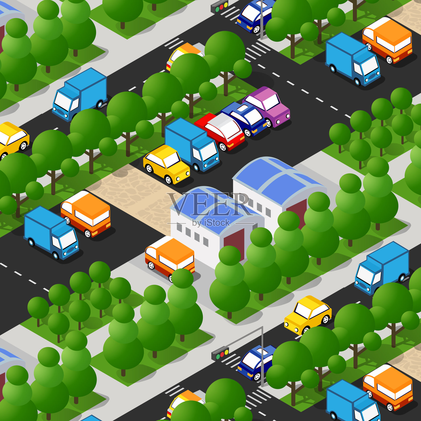 等距街道十字路口三维插图的一个城市街区插画图片素材