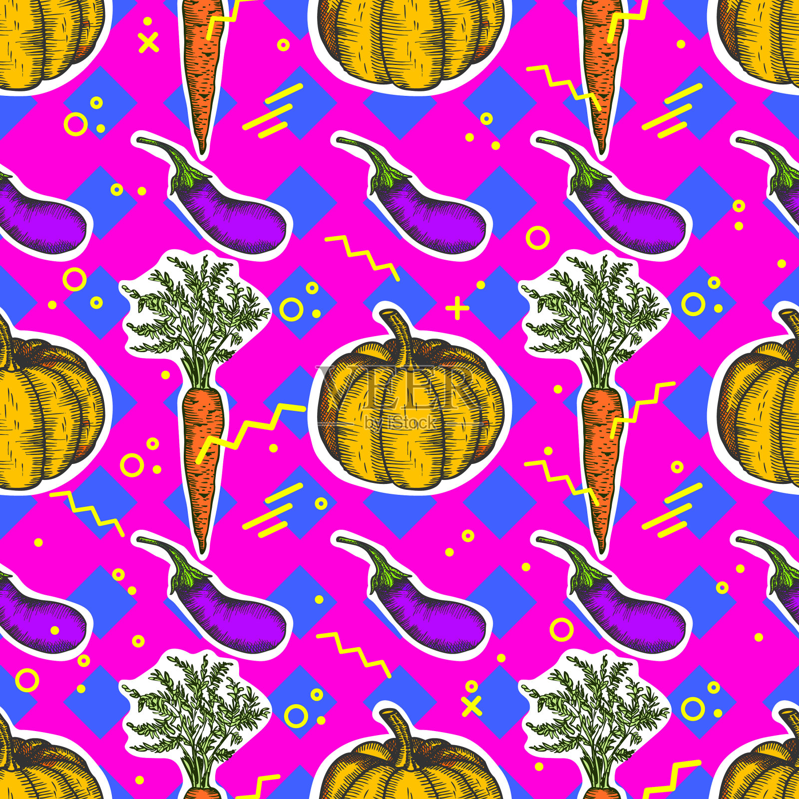 无缝图案与南瓜、胡萝卜、茄子插画图片素材
