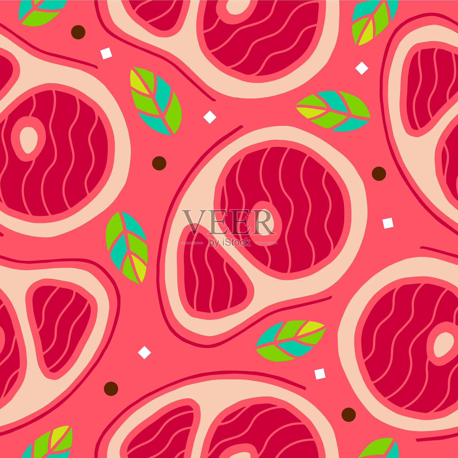 无缝图案与红肉牛排绿色插画图片素材