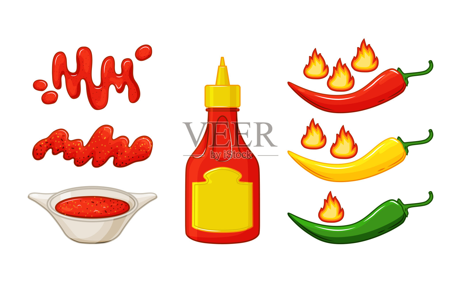 辣椒酱放在白色的背景上。卡通风格的瓶子、酱汁渍和船形卤肉盘。辣红椒的强度刻度指示为温和、中等、辣的位置。矢量插图。插画图片素材
