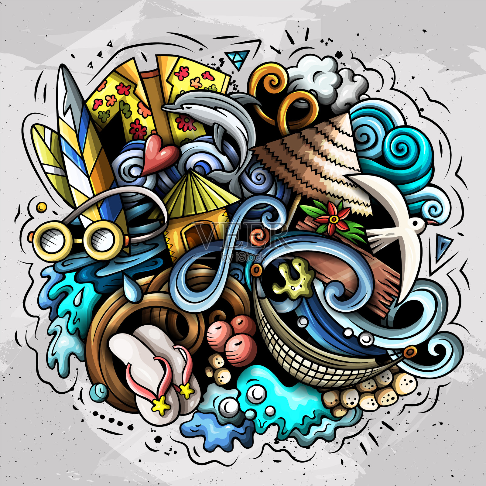 夏天海滩上涂鸦插画图片素材