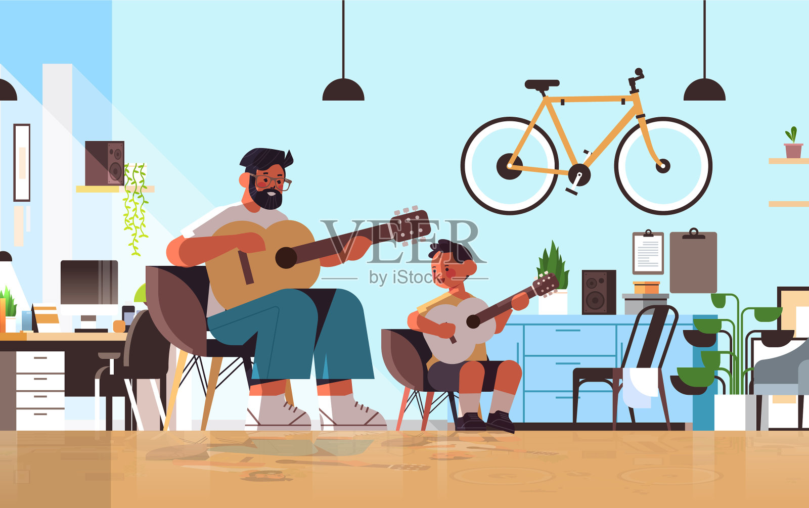 年轻的父亲教小儿子玩插画图片素材