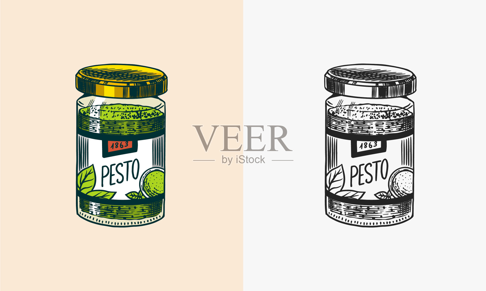 香蒜酱装在绿色玻璃瓶里插画图片素材