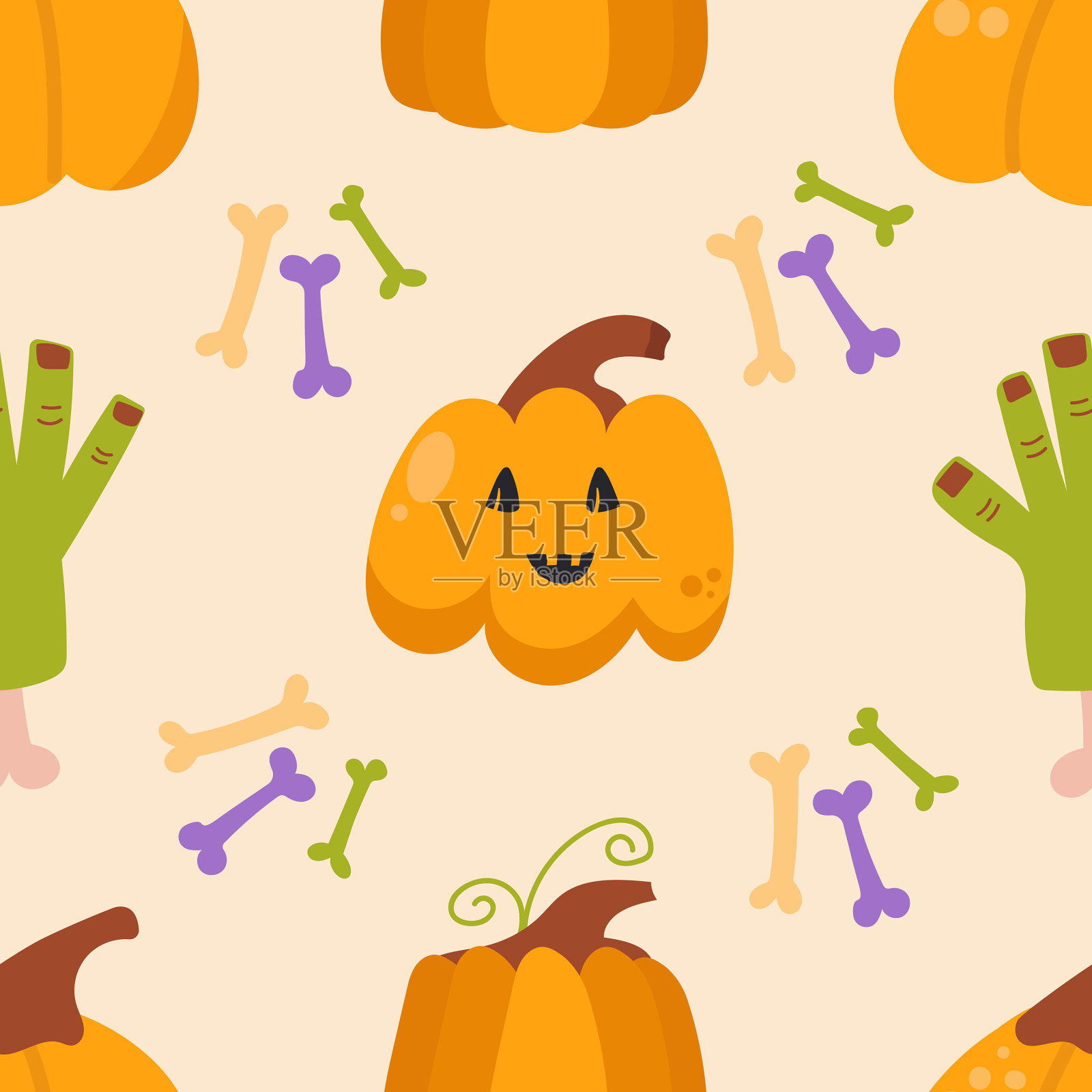 南瓜和僵尸手的无缝图案。万圣节的概念。插画图片素材