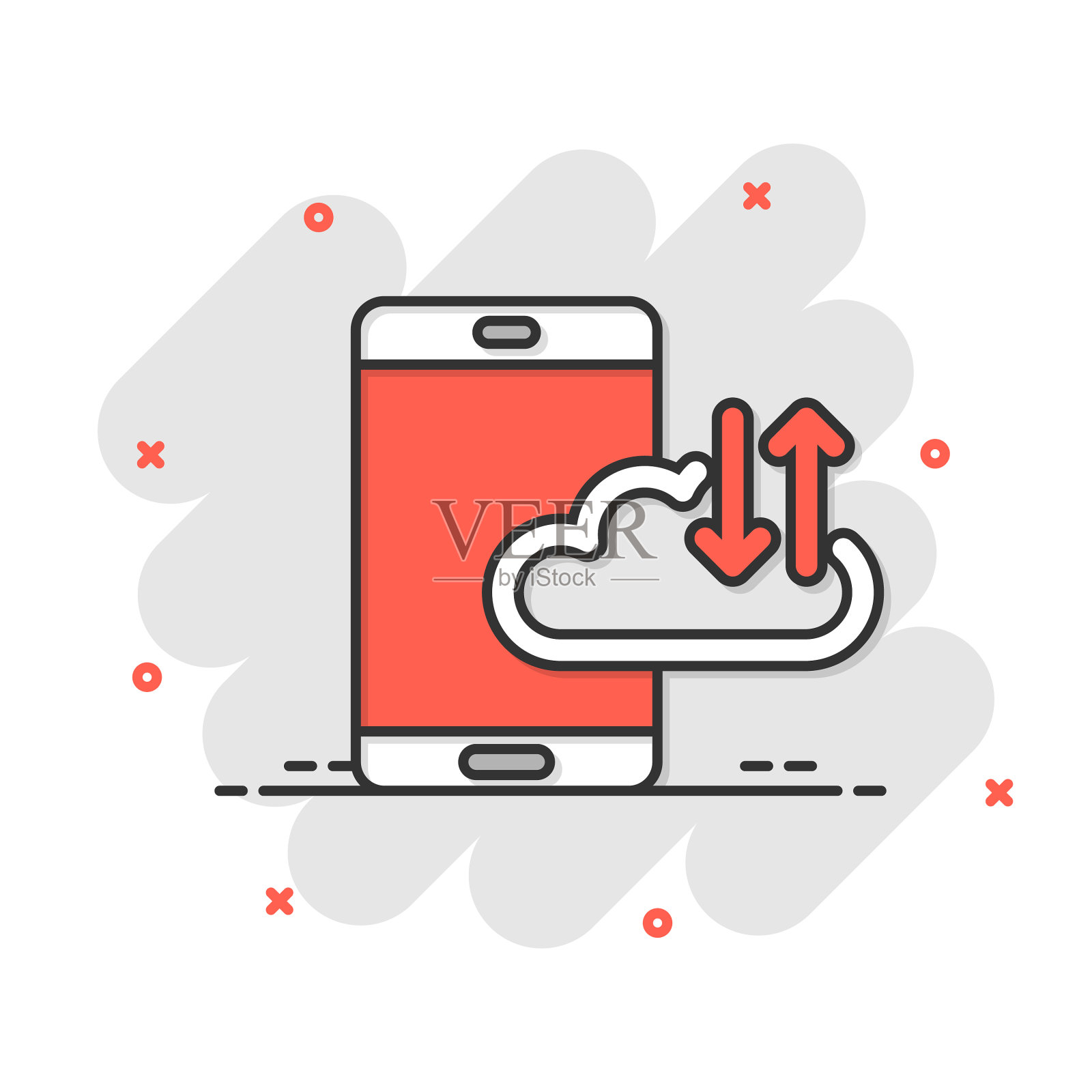 智能手机与云图标在漫画风格的手机设计元素图片