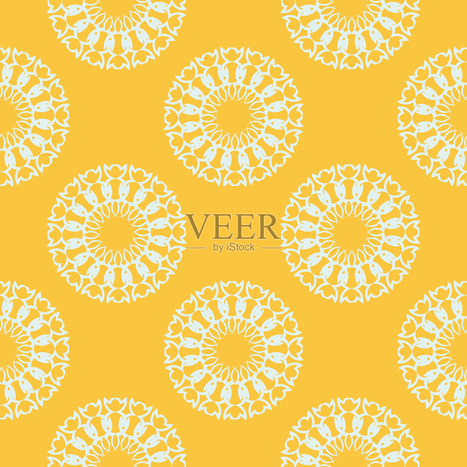 黄色露珠无缝图案与白色复古饰品。墙纸在一个复古风格模板。印度的植物区系成分。墙纸，织物，包装的图形装饰。插画图片素材