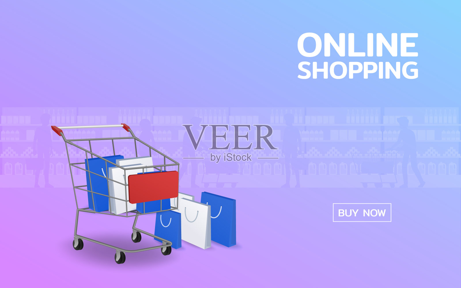 网上购物页面带有购物车和购物袋。方便全球营销的互联网应用程序设计理念。插画图片素材