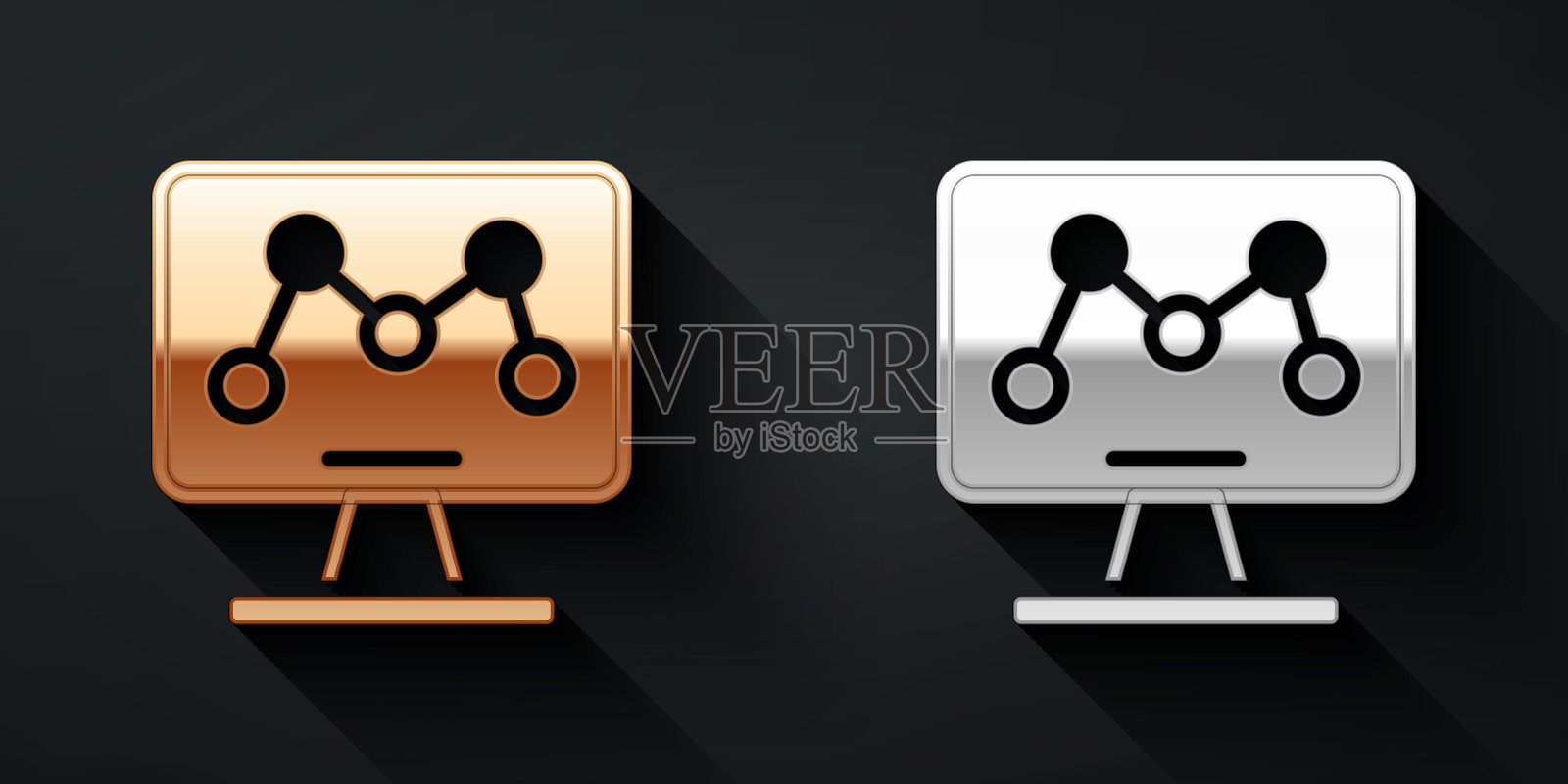 金色和银色基因工程修改笔记本电脑图标隔离在黑色背景。DNA分析，遗传学测试，克隆。长长的阴影风格。向量插画图片素材