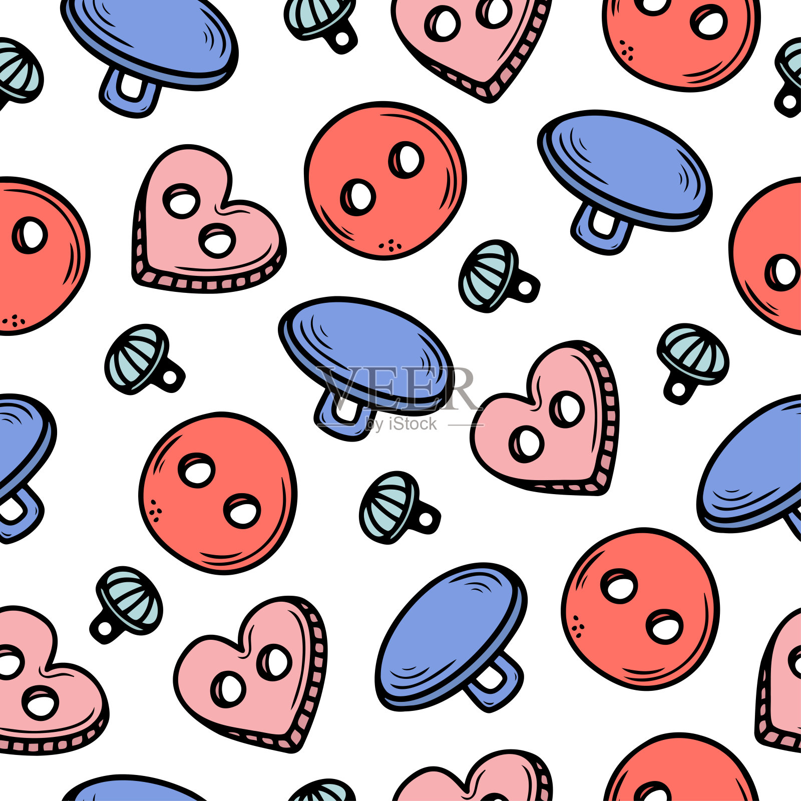 无缝模式与手画缝纫钮扣各种形状的白色背景。涂鸦,简单的说明。可用于纺织品、纸张的装饰。插画图片素材