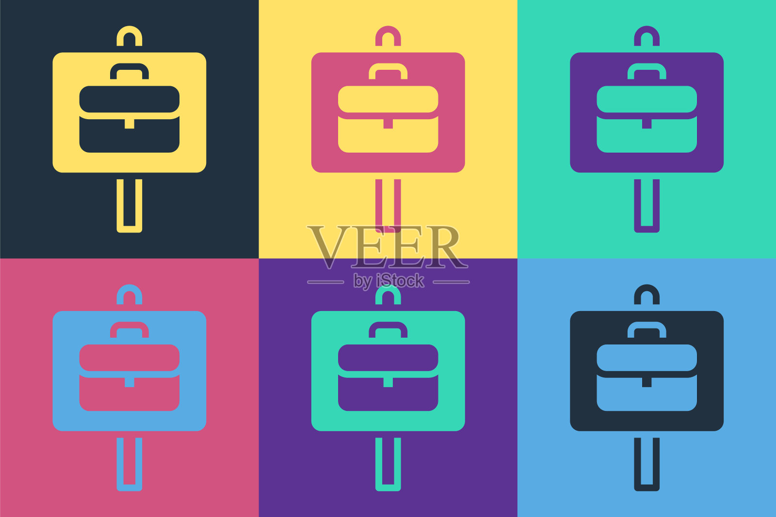 波普艺术放大镜与公文包图标隔离在彩色背景。找工作。工作搜索概念。失业，猎头，事业。向量图标素材