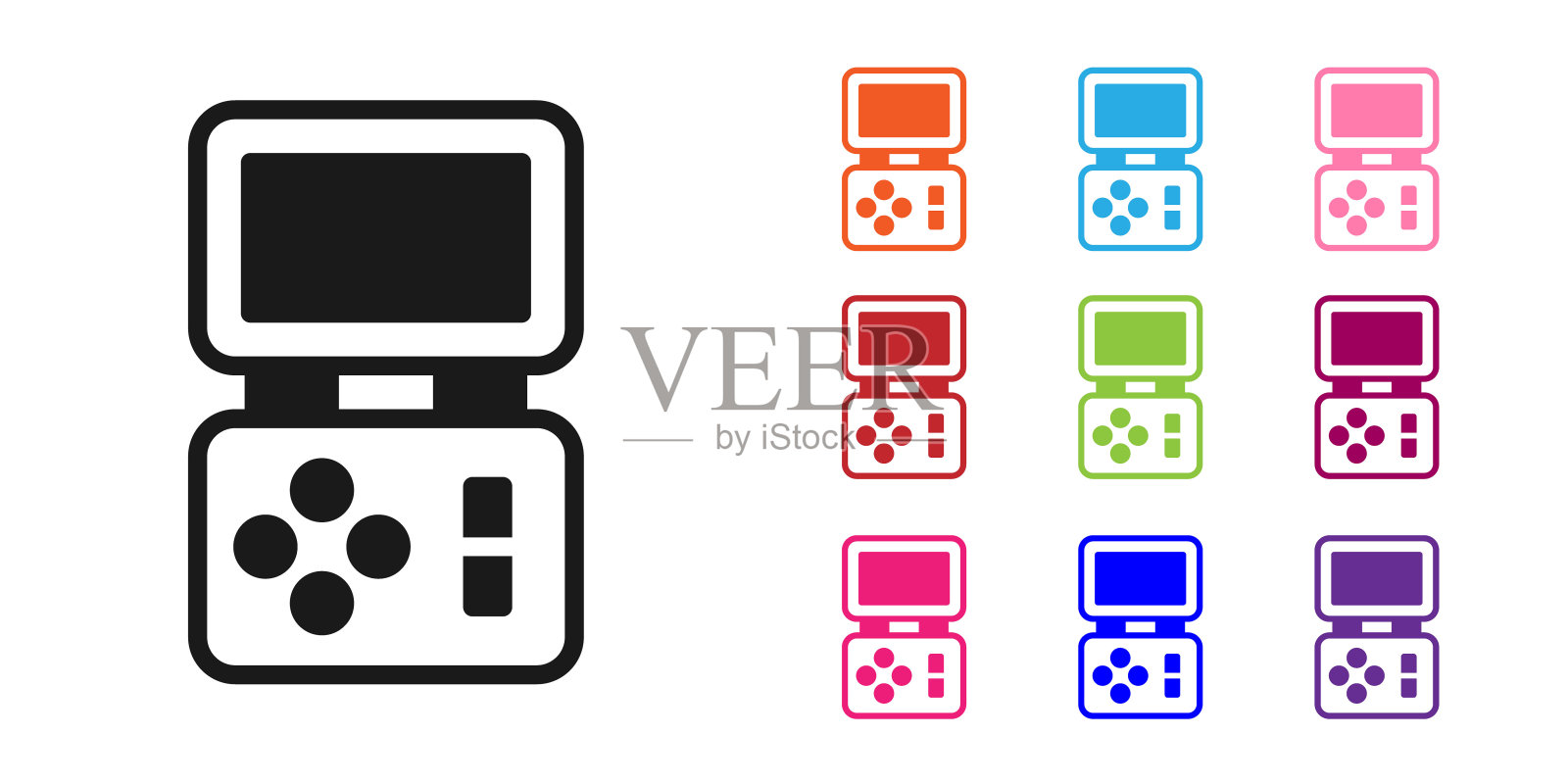黑色便携式俄罗斯方块电子游戏图标隔离在白色背景。复古风格的口袋砖游戏。互动游戏设备。设置图标丰富多彩。向量图标素材