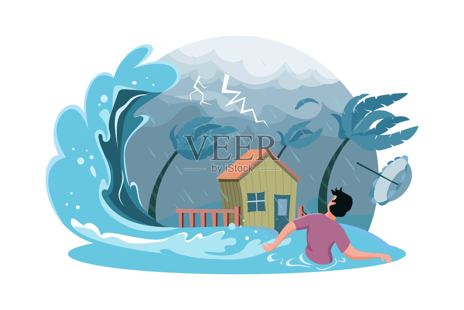 自然灾害概念与下雨的天空和即将来临的风暴和海啸波与房子。插画图片素材