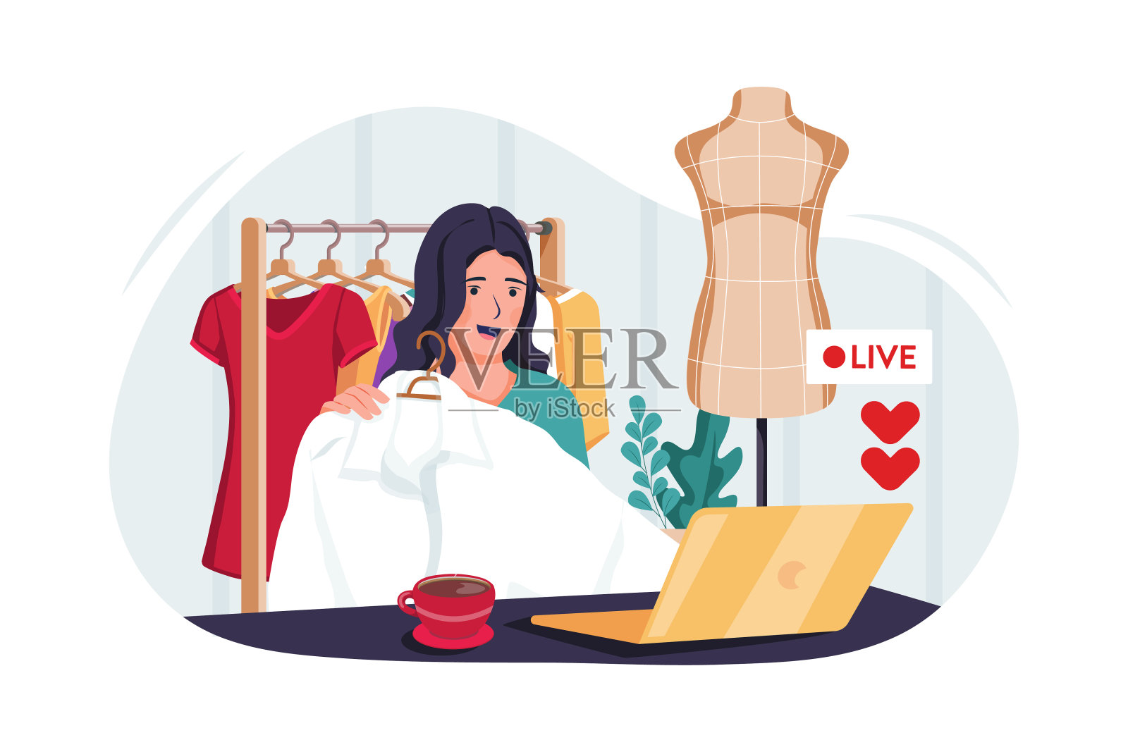 网上卖时装的美容博主。博客女孩评论产品和聊天摄像头在社交网络上现场录制视频。在社交媒体上卖衣服插画图片素材