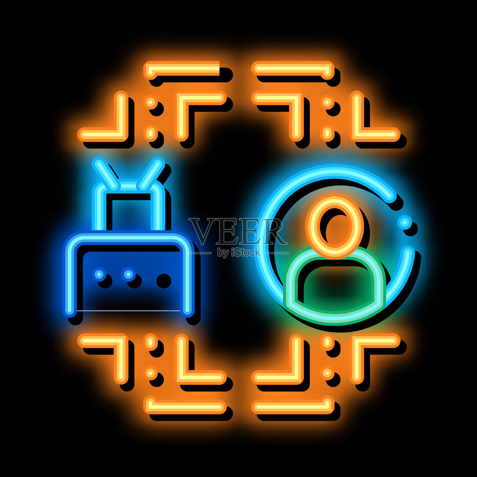 人类自动化机器人中的霓虹灯图标插画图片素材