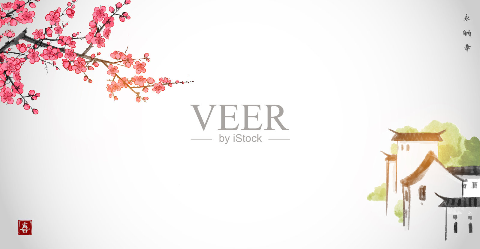 中国南村和盛开的梅花树在白色的背景。传统东方水墨画梅花、梅花、梅花。象形文字-永恒，自由，幸福，快乐插画图片素材