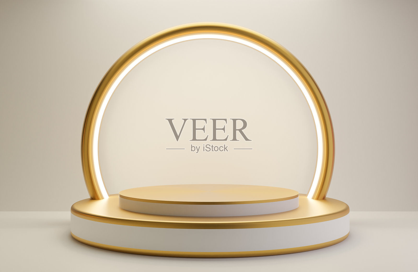 白色和金色的讲台为产品展示，白色墙背景奢华风格。，3d模型和插图。照片摄影图片