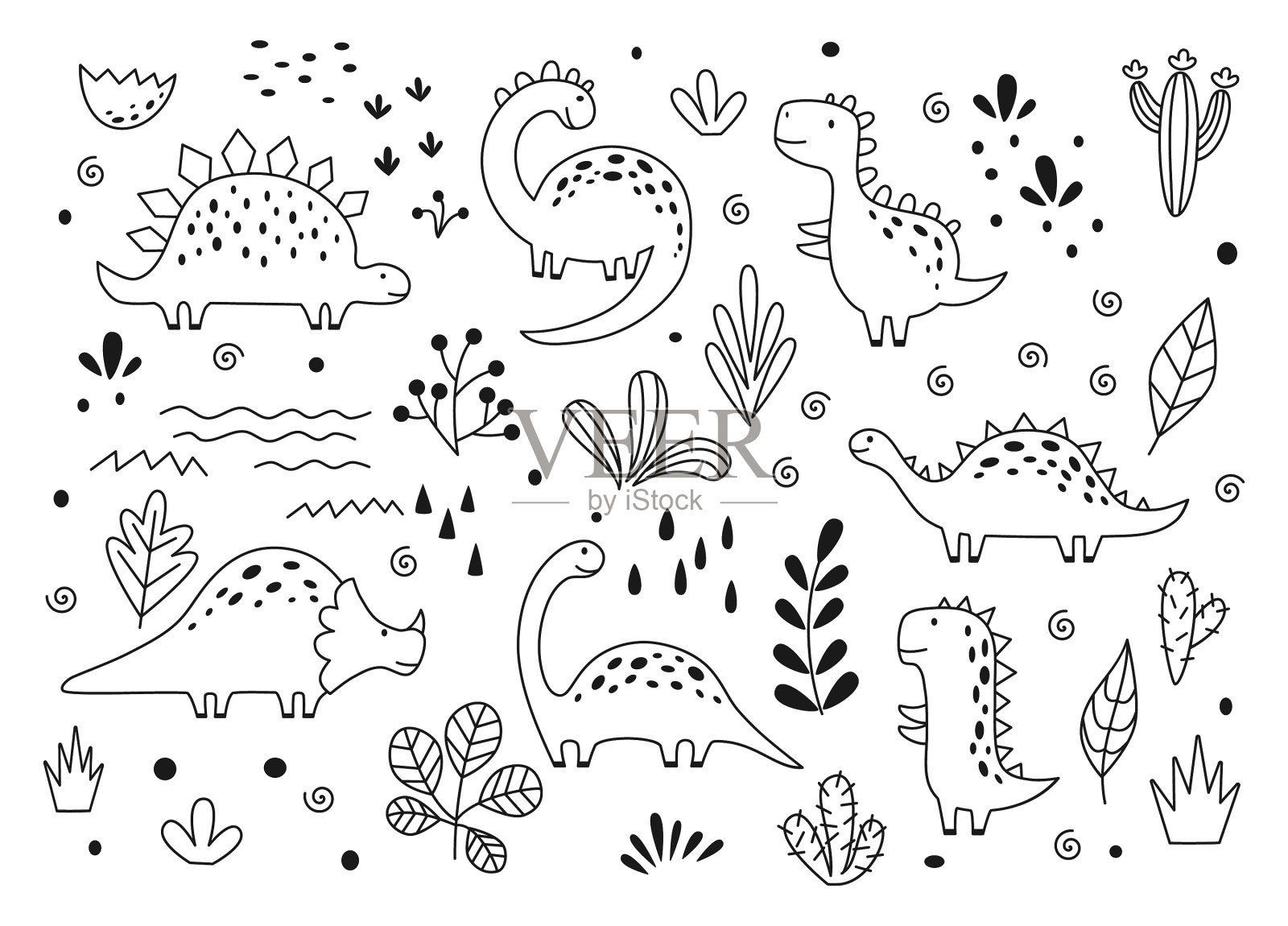可爱的恐龙和热带植物的轮廓插画图片素材