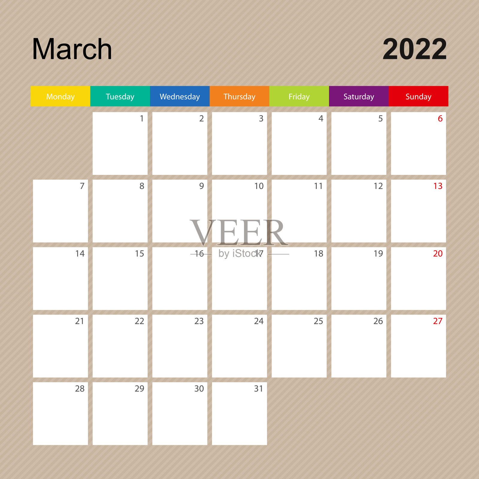 Сalendar页面为2022年3月，墙壁规划师与丰富多彩的设计。星期一开始上课。设计模板素材