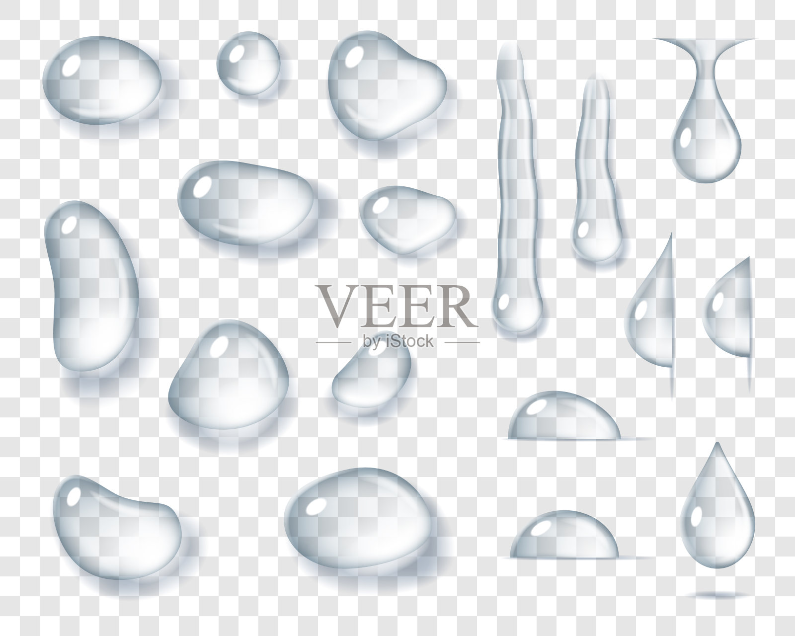 设置不同的水滴现实滴纯液体隔离透明的背景插画图片素材