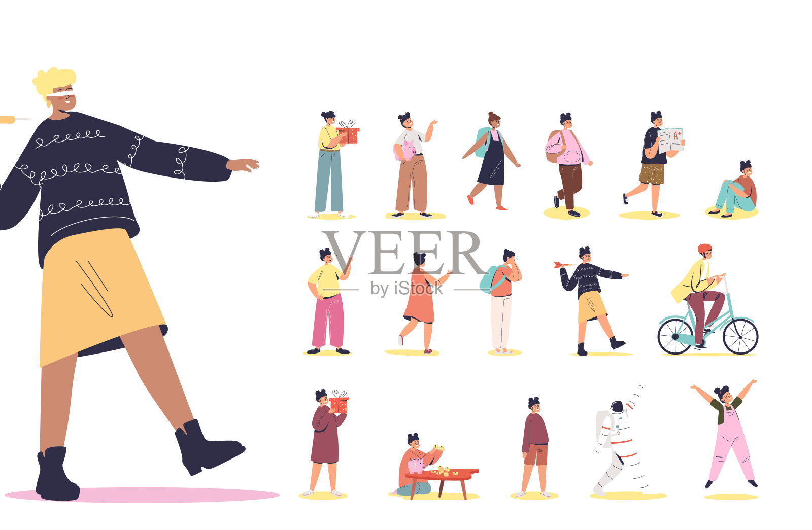 一组卡通女孩与蒙住眼睛闭上行走的衣服在生活方式的情况和姿势插画图片素材