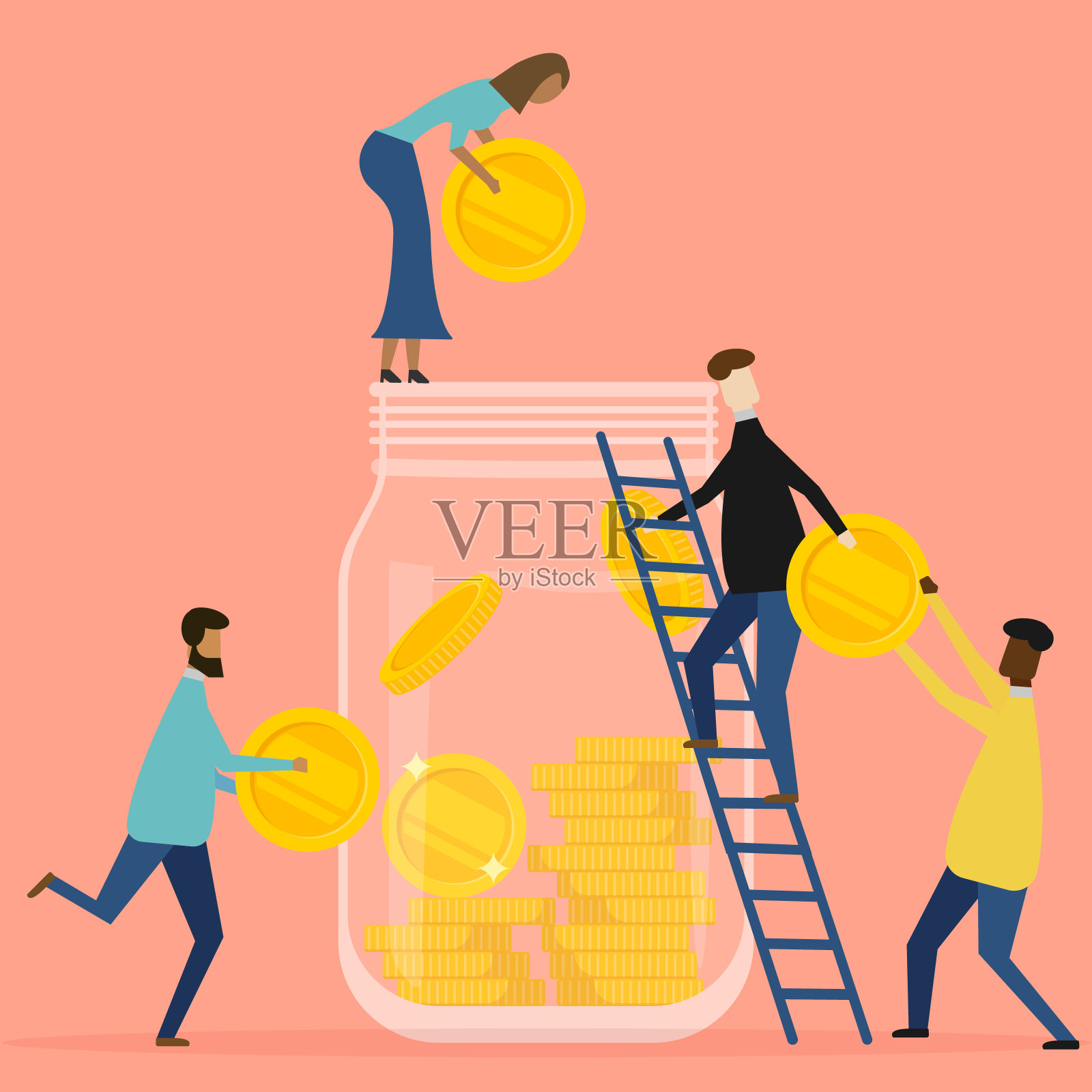人们收集硬币并将其放入储蓄罐中。理财、储蓄和储蓄增长理念。矢量插图。插画图片素材
