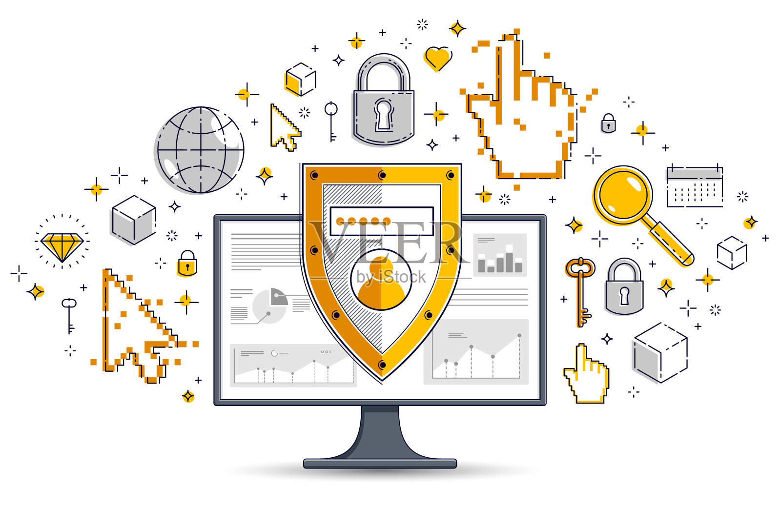 屏蔽计算机监视器和设置图标，私人数据安全概念，防病毒或防火墙，金融保护，矢量平细线设计，元素可以单独使用。插画图片素材