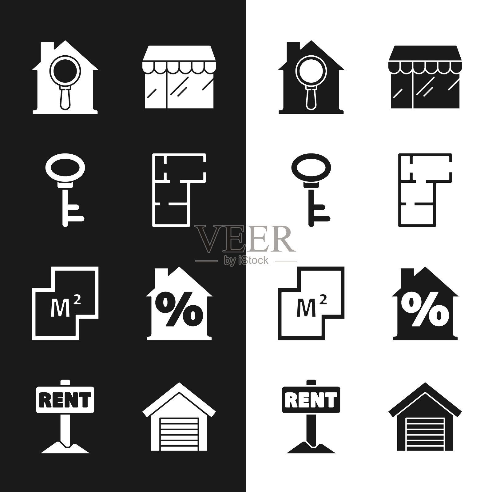 设置房屋计划，钥匙，搜索房子，市场商店，与百分比折扣，车库和悬挂标志租赁图标。向量图标素材
