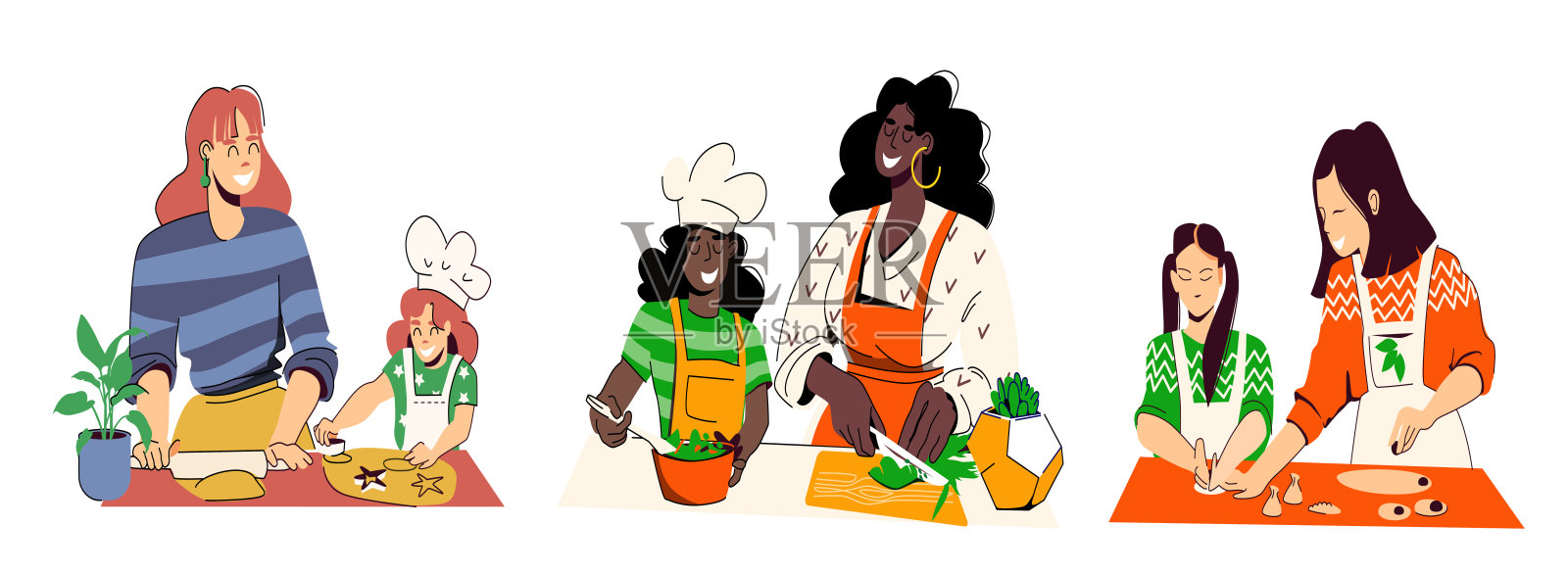 一套插图的妈妈做饭的女儿白种人，黑人和亚洲人。多样性。矢量插图卡通风格孤立在白色背景插画图片素材