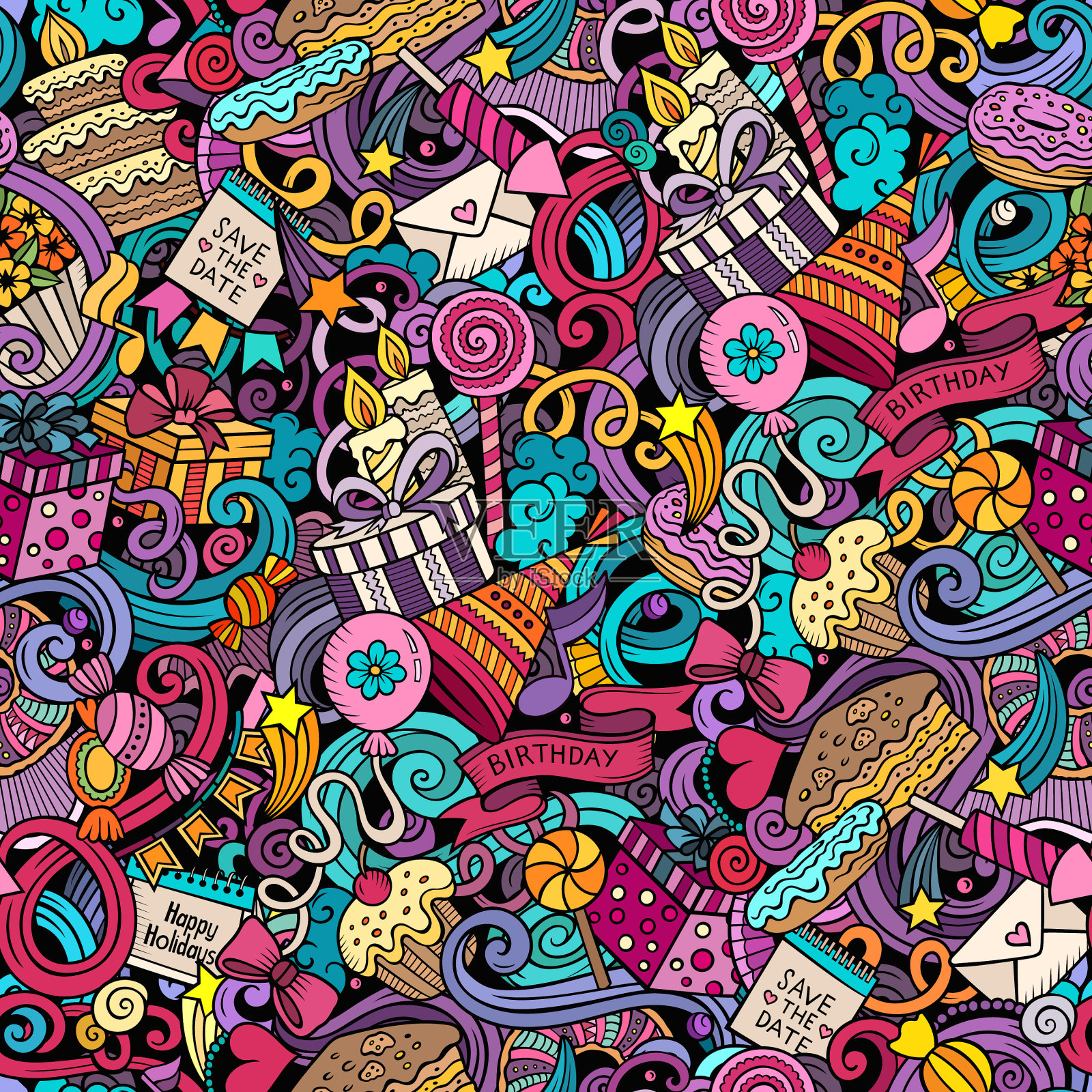 生日快乐手绘涂鸦无缝模式插画图片素材