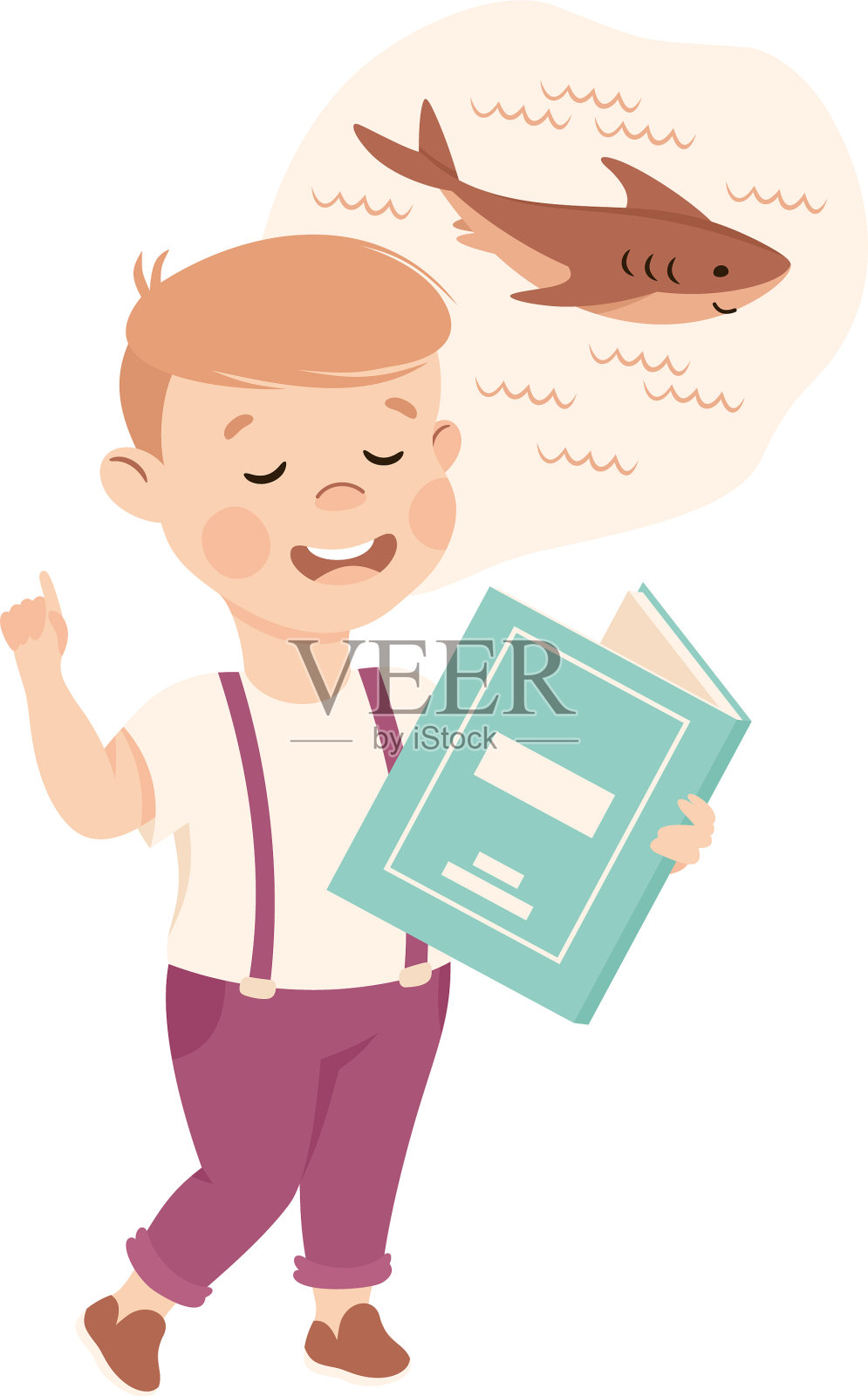 可爱的男孩在看关于海洋动物的书设计元素图片