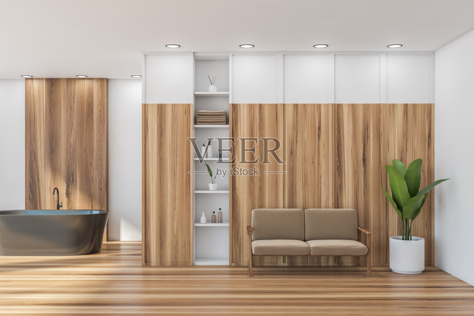 酒店浴室:木质涂料，白色墙壁，米色扶手椅照片摄影图片